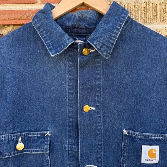 Vintage 1989 CARHARTT 100 yr style Denim Chore Jacket USA size L (flaw-hole) - Picture 2 of 6